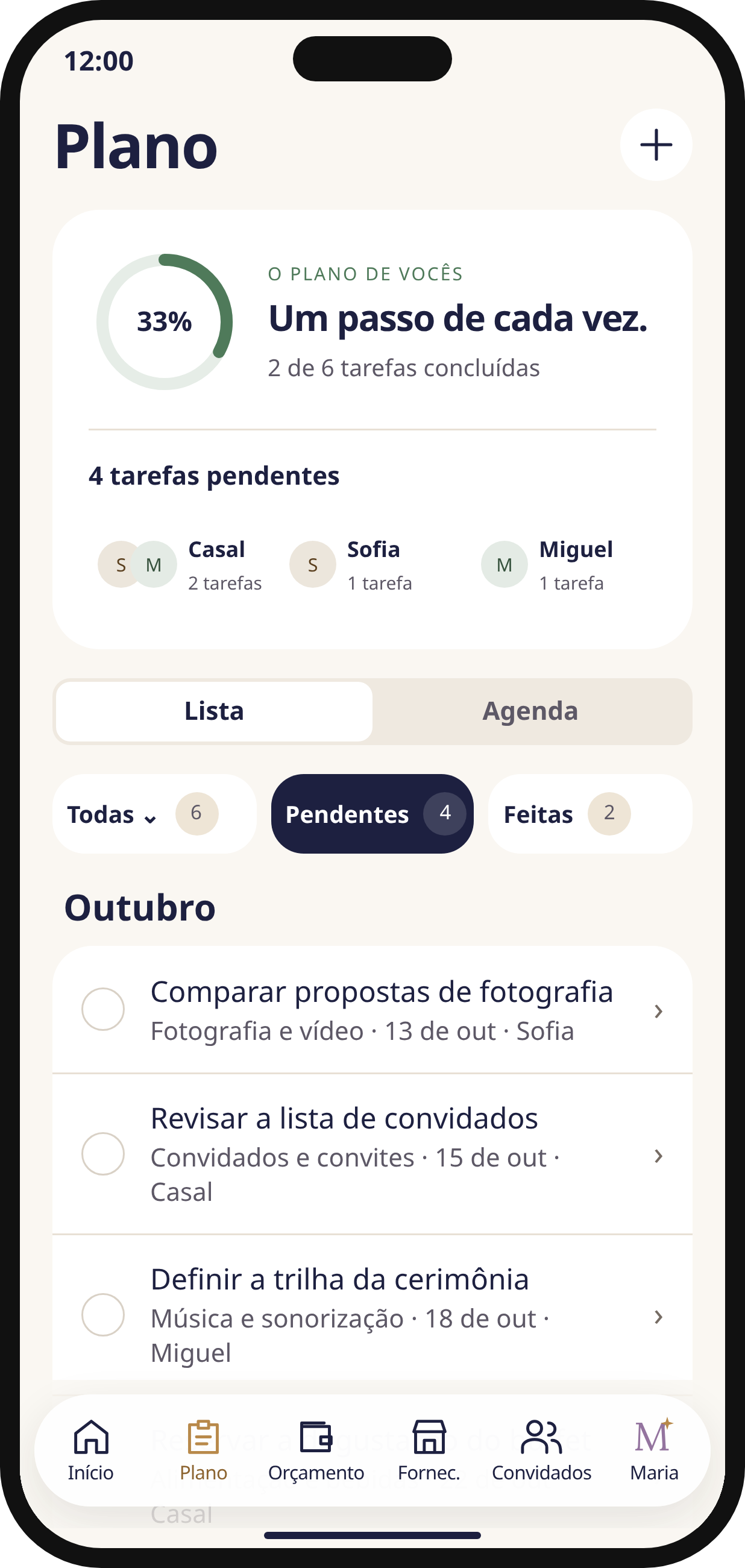 Tela Plano do protótipo Noivos AI: tarefas do casamento, prazos e responsáveis
