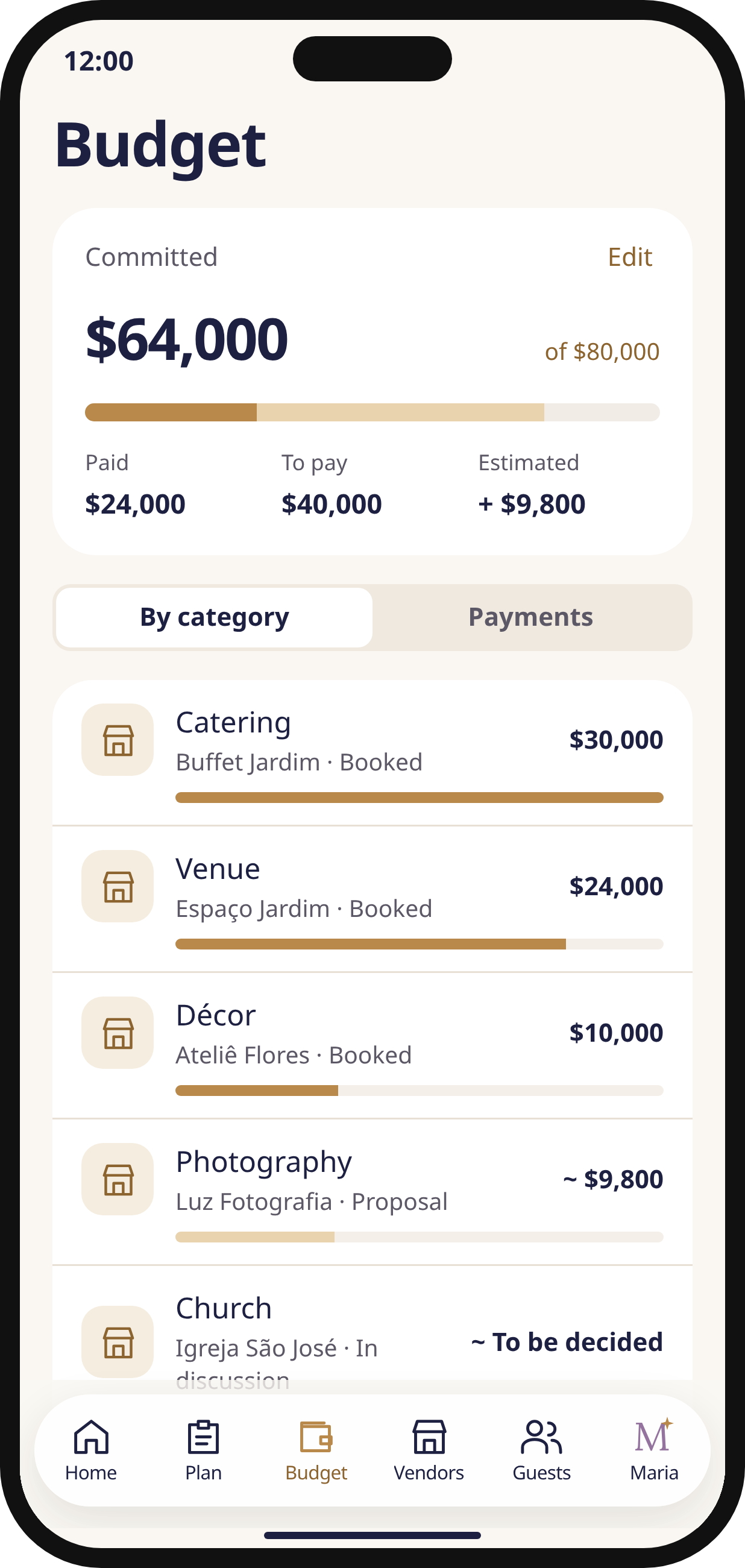 Noivos AI Budget prototype screen: committed, paid and outstanding amounts