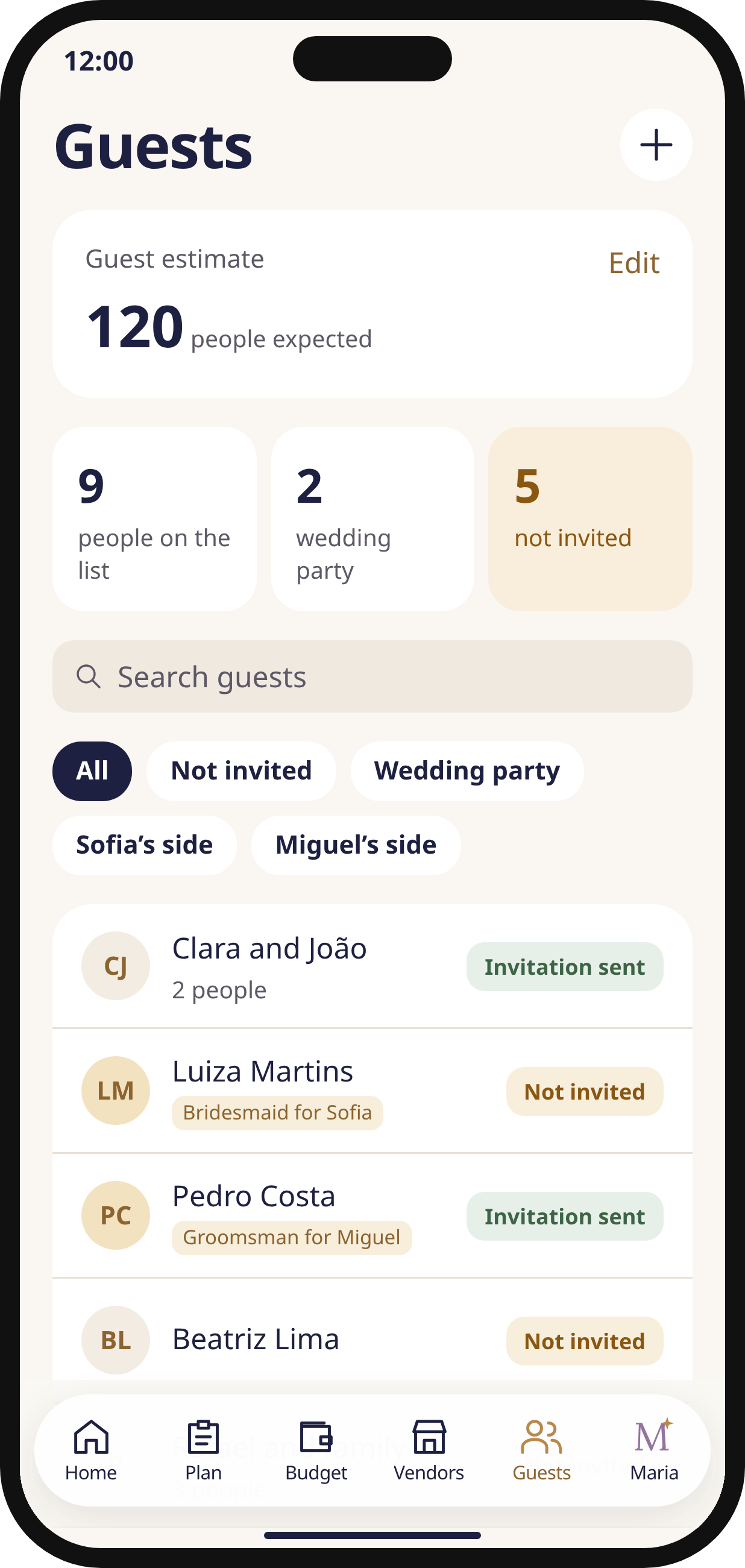 Noivos AI Guests prototype screen: a list of people and guest organization