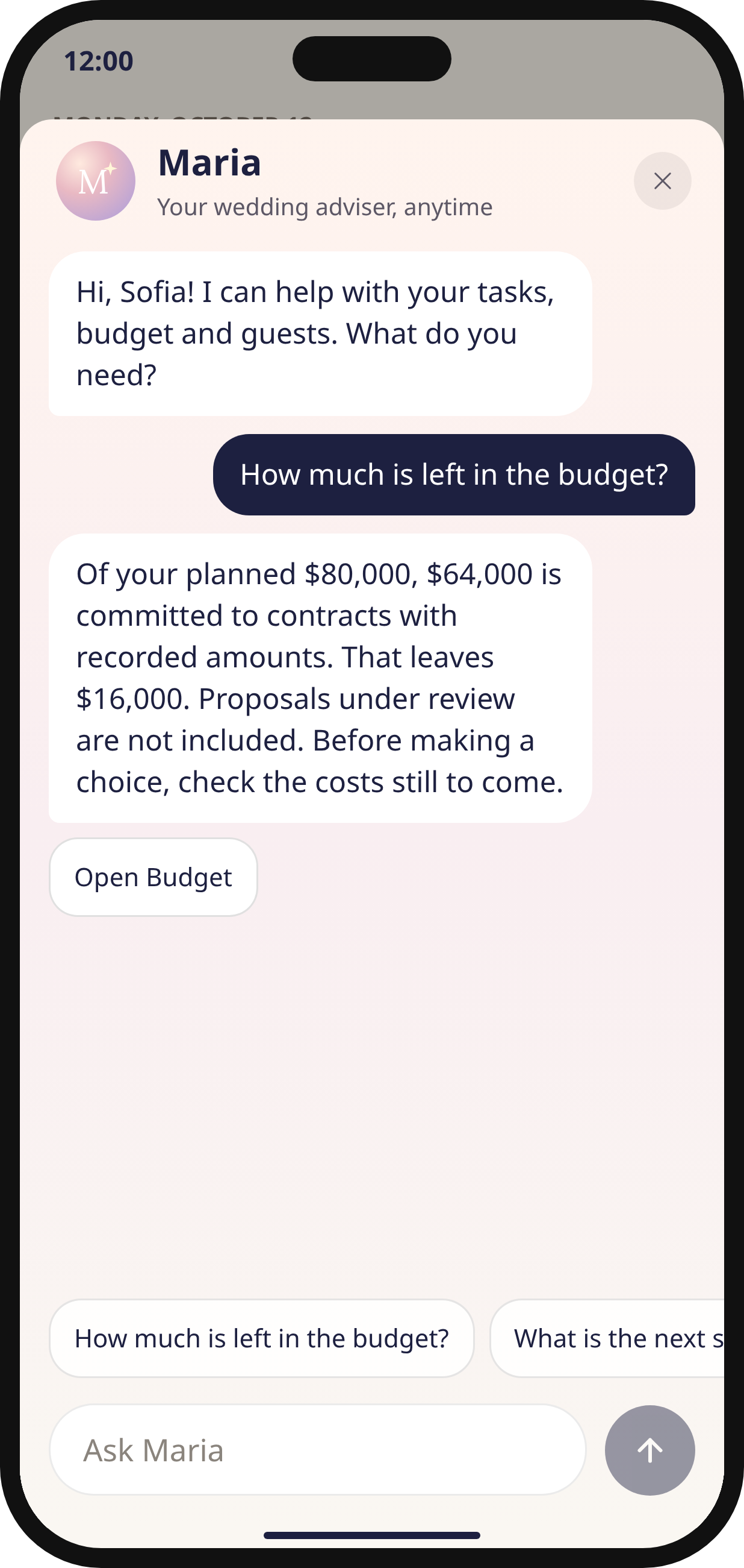 Maria screen in the Noivos AI prototype, with a budget conversation