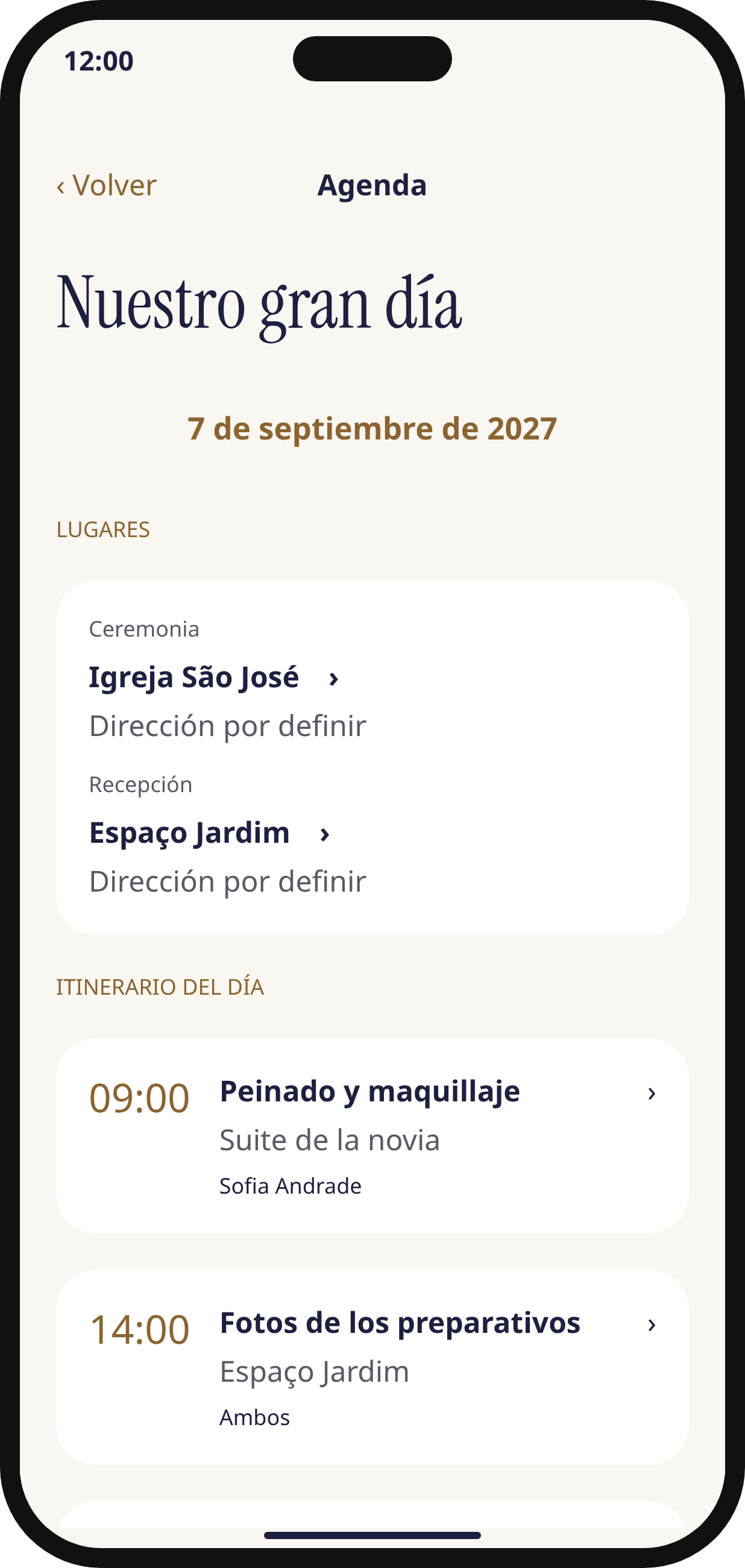 Itinerario del día de la boda en Noivos AI