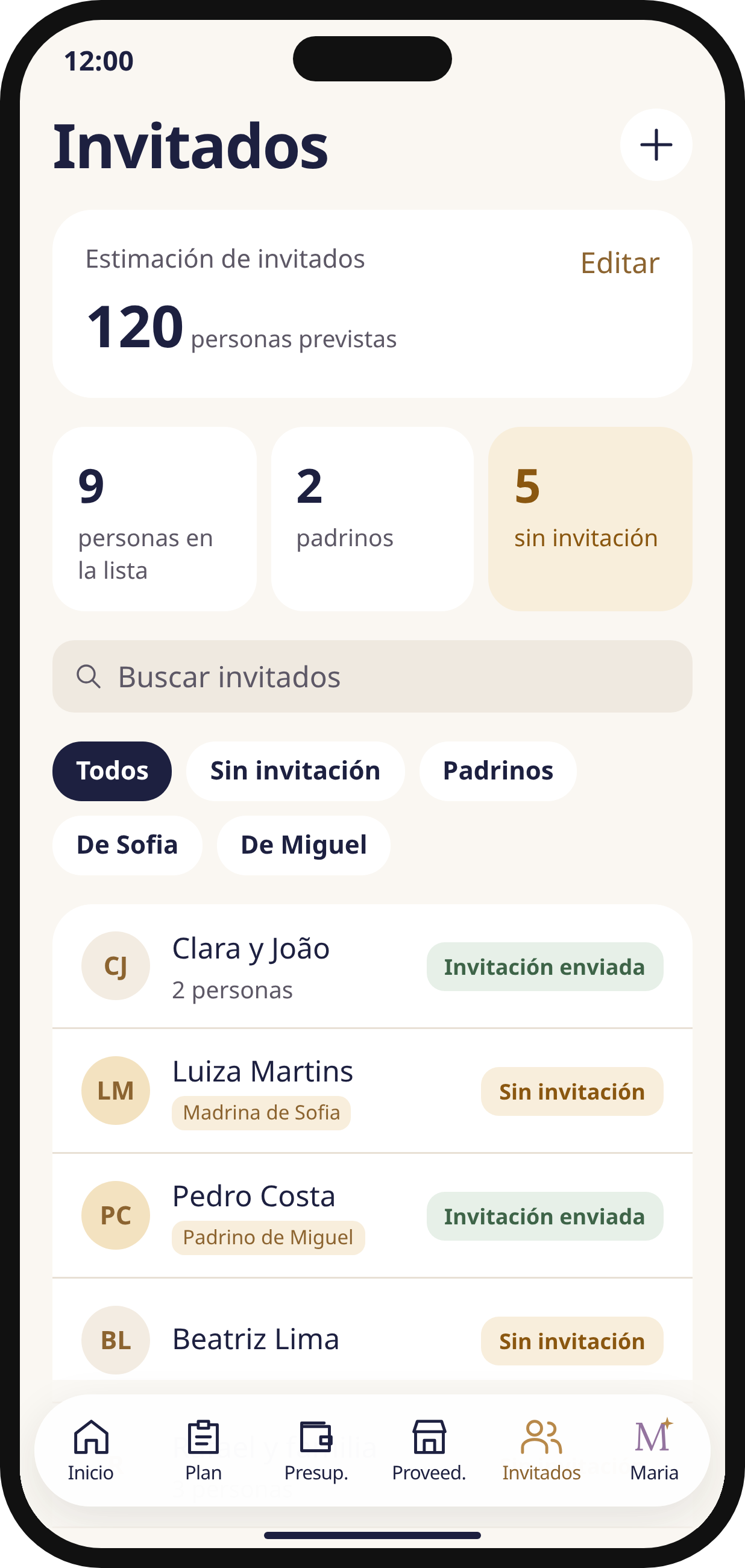 Pantalla Invitados del prototipo Noivos AI: lista de personas y organización de invitados