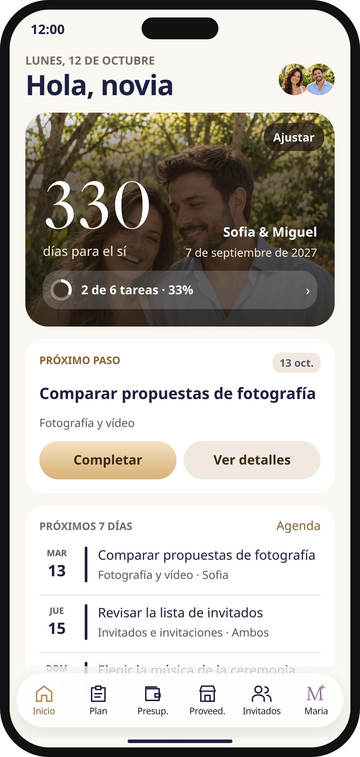 Pantalla de inicio de Noivos AI con cuenta regresiva y próximas tareas