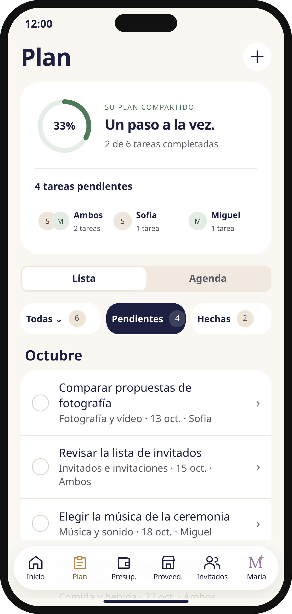 Pantalla Plan del prototipo Noivos AI: tareas de la boda, fechas y responsables